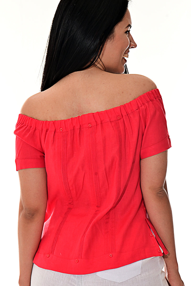 Ladies Linen Guayabera Off-the-Shoulder Short Sleeve Top in (5) Colors - LLGB3007