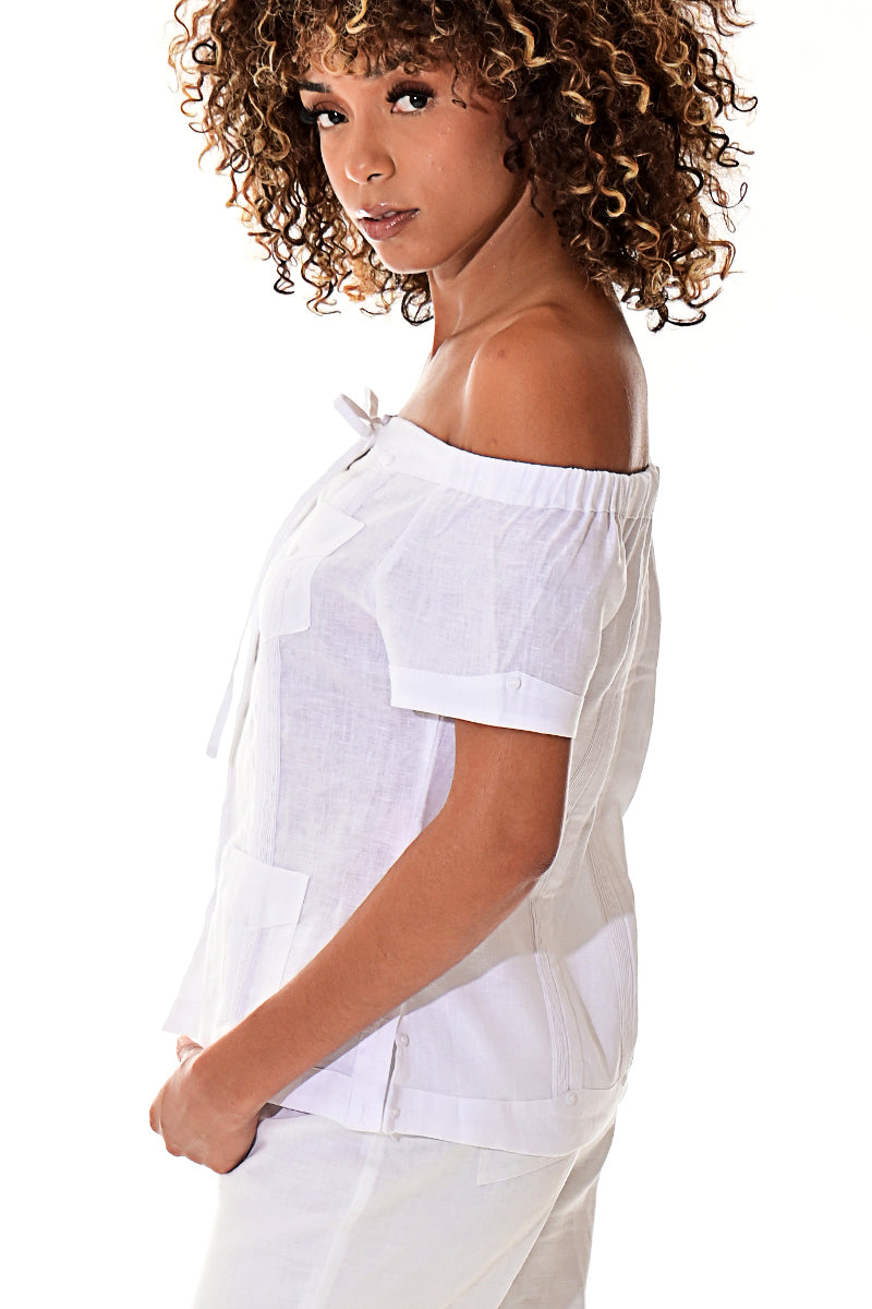 Ladies Linen Guayabera Off-the-Shoulder Short Sleeve Top in (5) Colors - LLGB3007