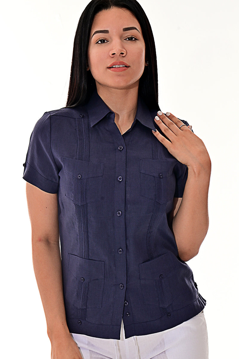 Ladies 100% Soft Linen Traditional (4) Pocket Short Sleeve Guayabera Blouse in (5) Colors - LLGB3008