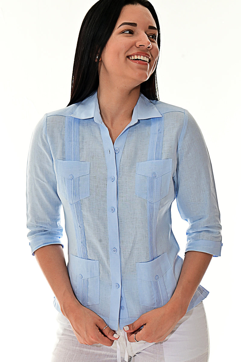 Ladies 100% Soft Linen Traditional (4) Pocket 3/4 Sleeve Guayabera Blouse in (5) Colors - LLGB3009