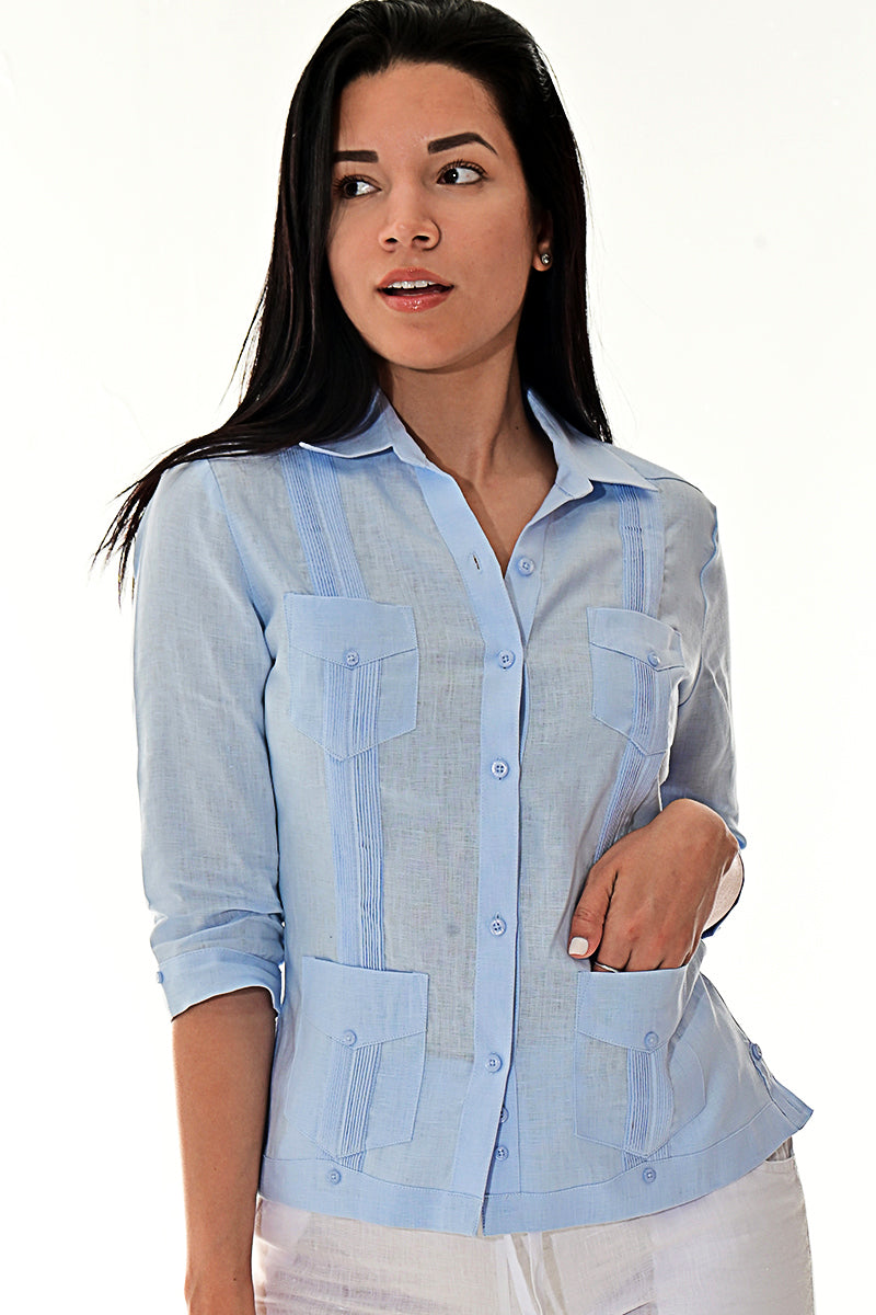 Ladies 100% Soft Linen Traditional (4) Pocket 3/4 Sleeve Guayabera Blouse in (5) Colors - LLGB3009