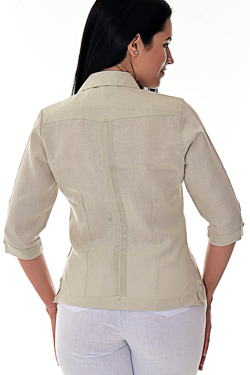 Ladies 100% Soft Linen Traditional (4) Pocket 3/4 Sleeve Guayabera Blouse in (5) Colors - LLGB3009