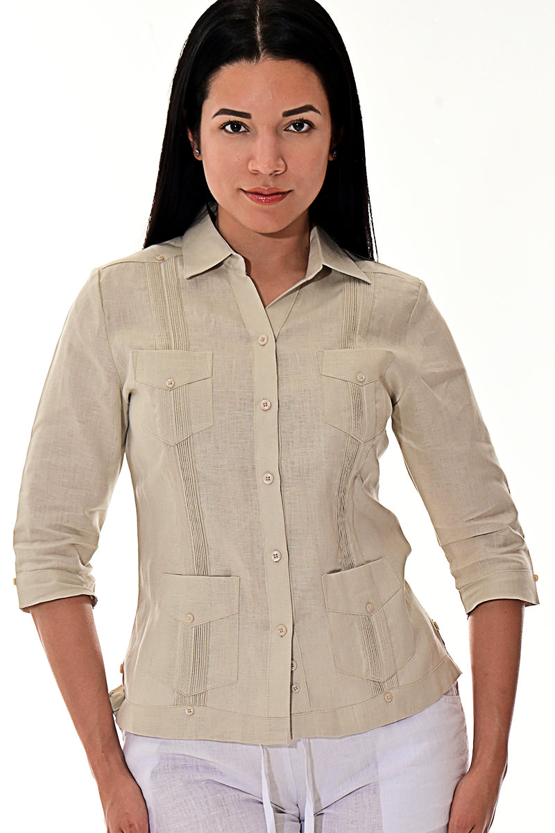 Ladies 100% Soft Linen Traditional (4) Pocket 3/4 Sleeve Guayabera Blouse in (5) Colors - LLGB3009