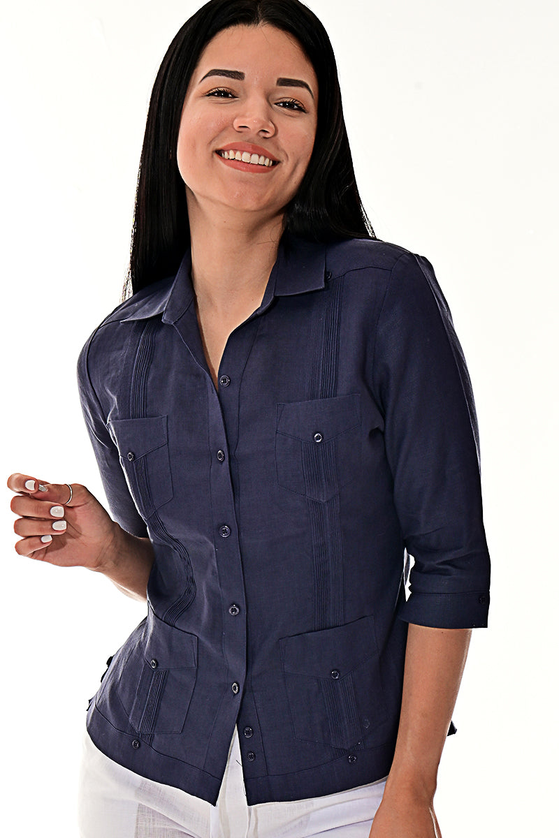 Ladies 100% Soft Linen Traditional (4) Pocket 3/4 Sleeve Guayabera Blouse in (5) Colors - LLGB3009