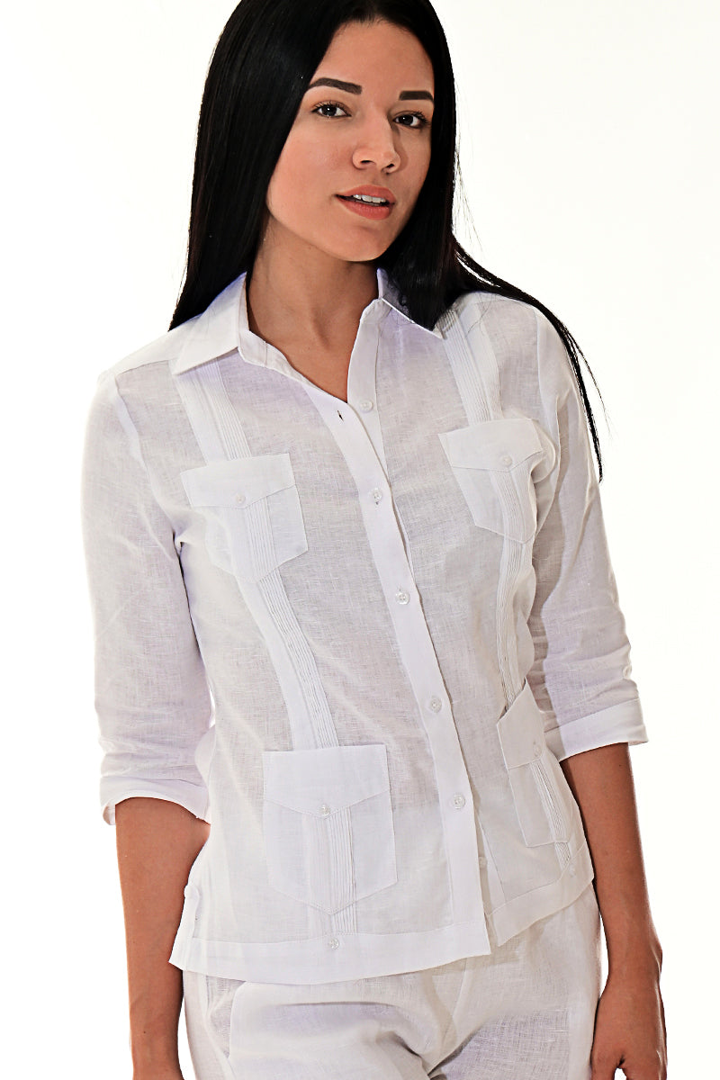 Ladies 100% Soft Linen Traditional (4) Pocket 3/4 Sleeve Guayabera Blouse in (5) Colors - LLGB3009