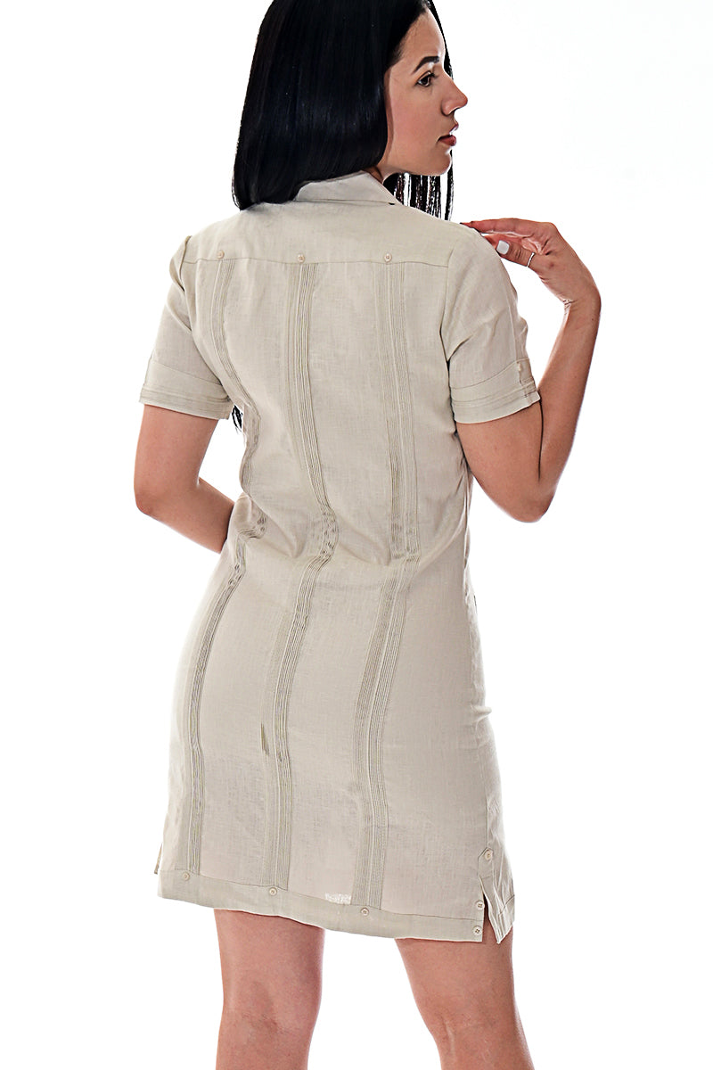 Ladies 100% Soft Linen Traditional (4) Pocket Guayabera Dress in (5) Colors - LLGD3010