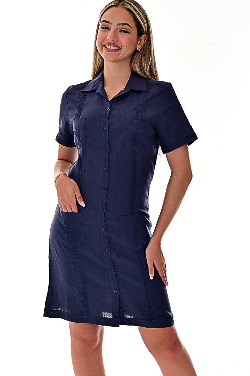 Ladies 100% Soft Linen Traditional (4) Pocket Guayabera Dress in (5) Colors - LLGD3010