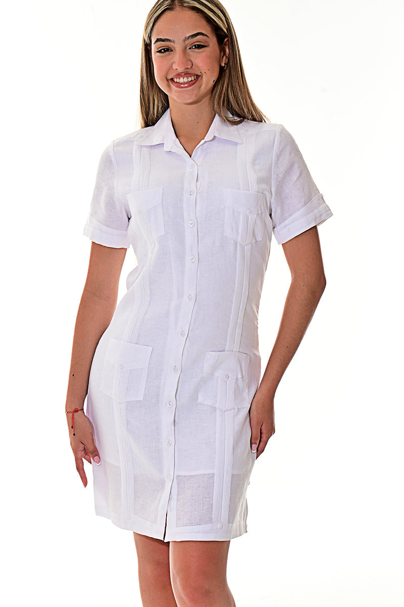 Ladies 100% Soft Linen Traditional (4) Pocket Guayabera Dress in (5) Colors - LLGD3010