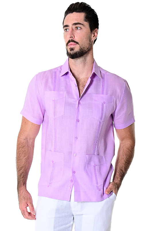 Men Linen Classic Guayabera Shirt Short Sleeve (Lavender)