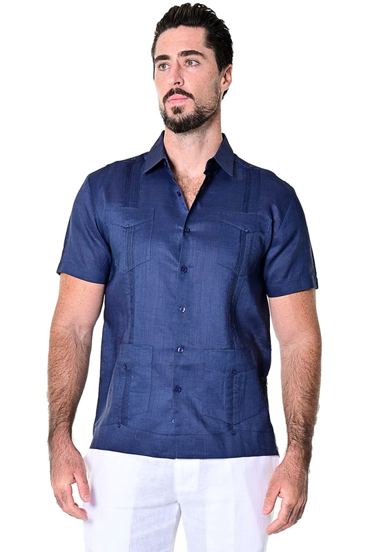 Men Linen Classic Guayabera Shirt Short Sleeve (Navy)