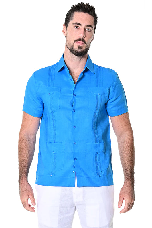 Men Linen Classic Guayabera Shirt Short Sleeve (Royal)