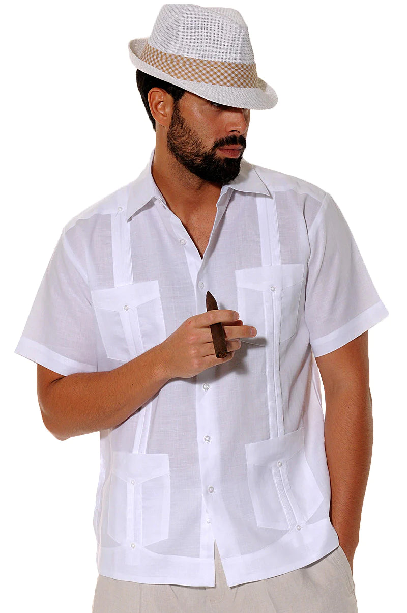 Men Linen Classic Guayabera Shirt Short Sleeve (White)