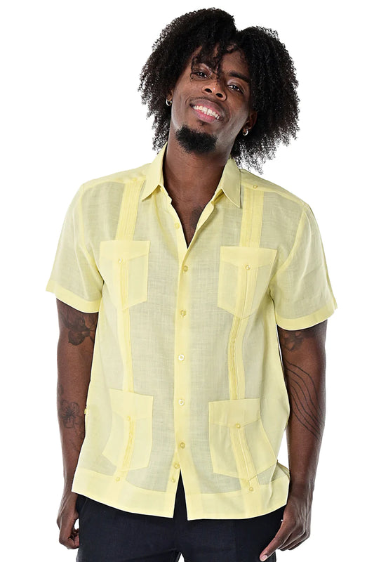 Men Linen Classic Guayabera Shirt Short Sleeve (Yellow)