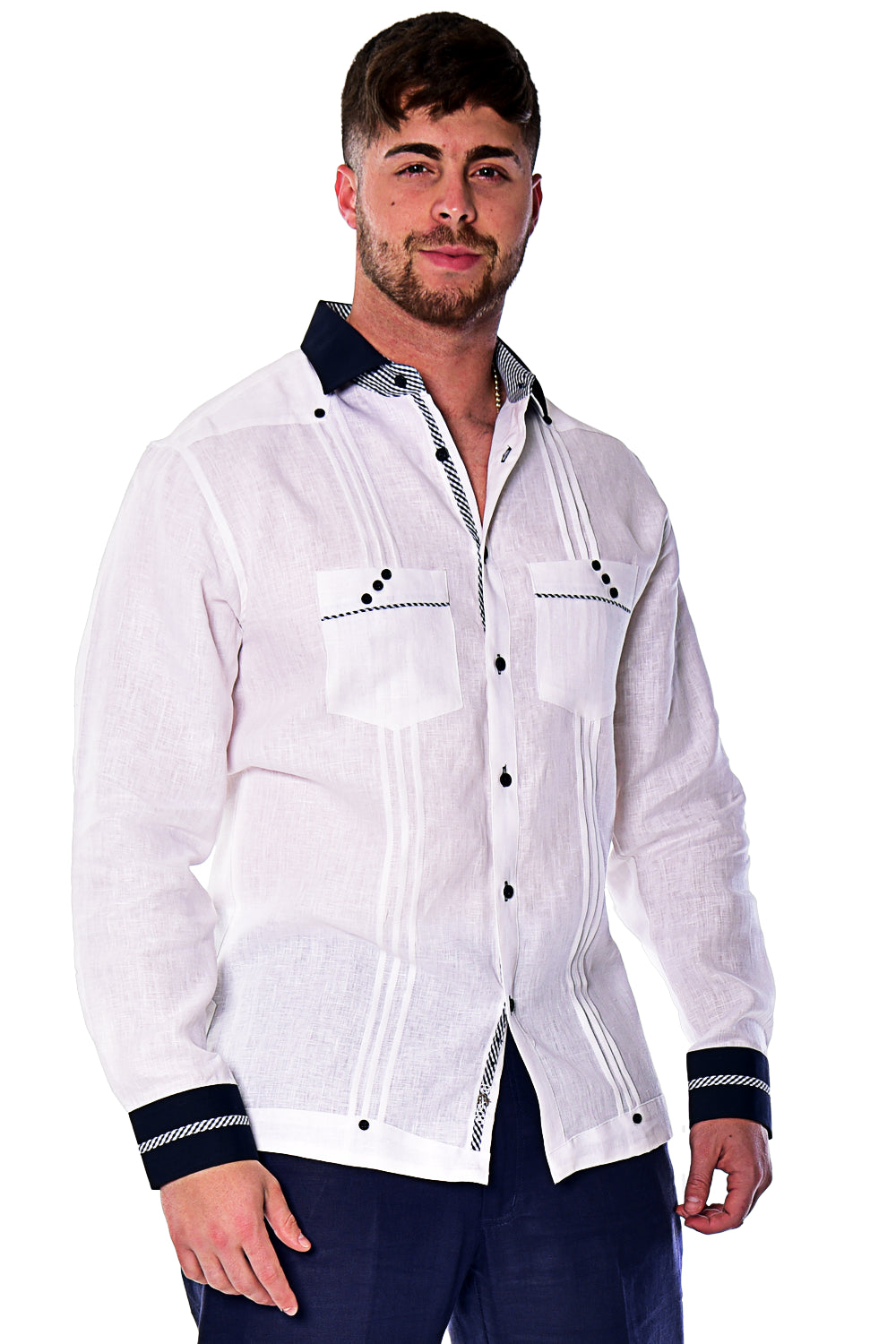 Bohio Guayabera Shirt Long Sleeve (White/Navy) MLFG2027