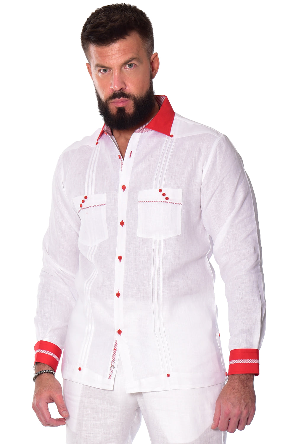 Bohio Guayabera Shirt Long Sleeve (White/Red) MLFG2027