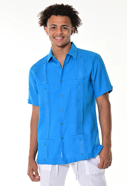 Men Linen Embroidery Guayabera Short Sleeve (Royal) MLG1272