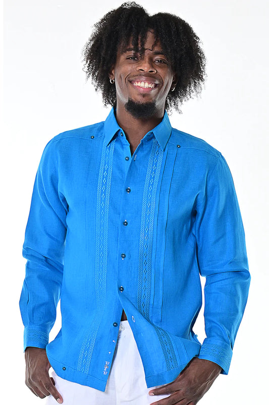 Men Linen Embroidery Guayabera Long Sleeve (Royal) MLG1415