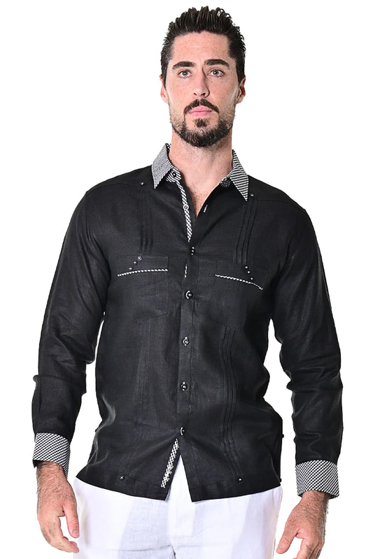 Men Linen Fancy Guayabera Shirt Long Sleeve (Black) MLG1416