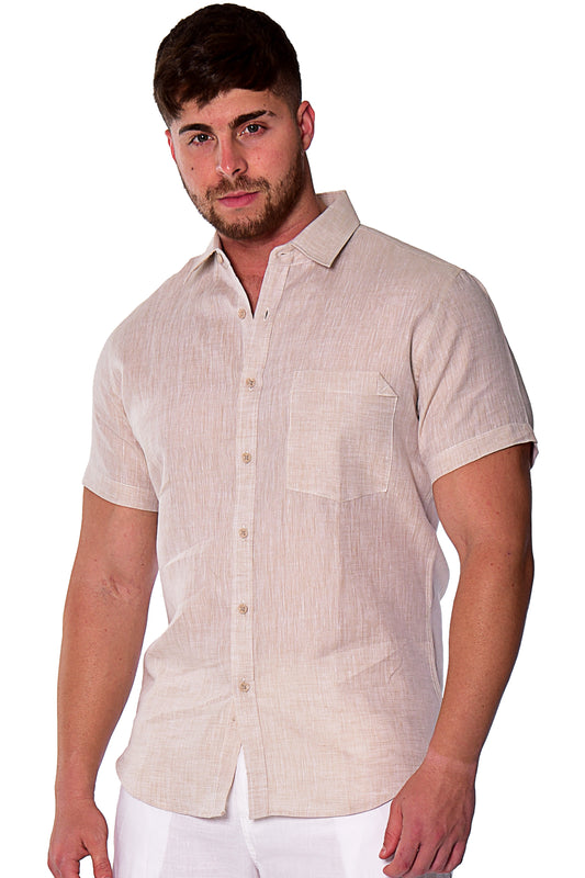 Men Linen Shirt Long Sleeve Plain (Beige) MLS1357