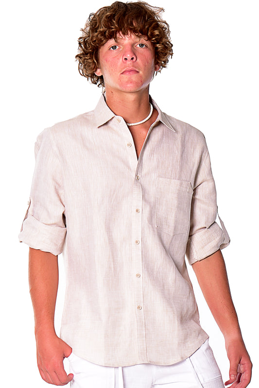 Men Linen Shirt Long Sleeve Plain (Beige) MLS1358