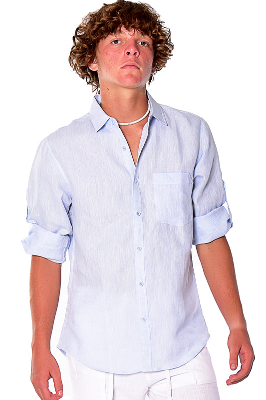 Men Linen Shirt Long Sleeve Plain (Light Blue) MLS1358