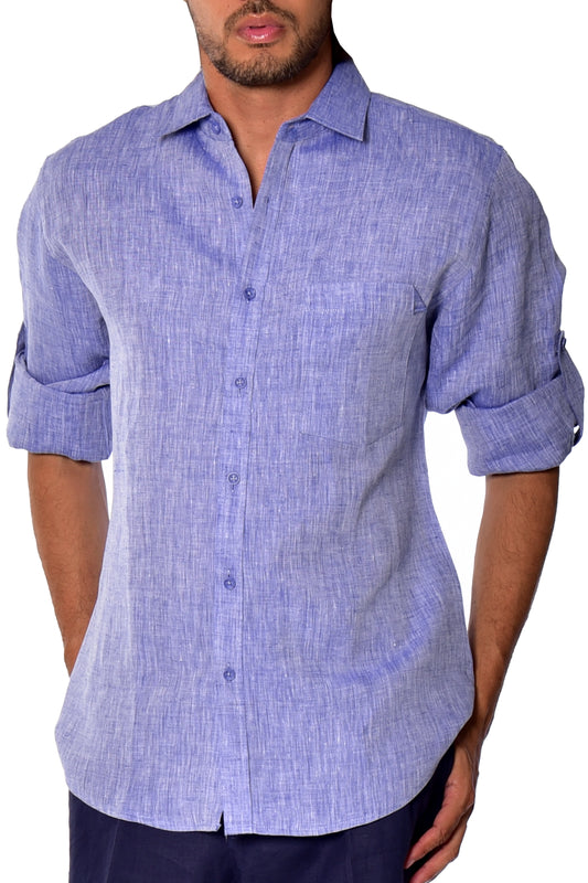 Men Linen Shirt Long Sleeve Plain (Navy) MLS1358