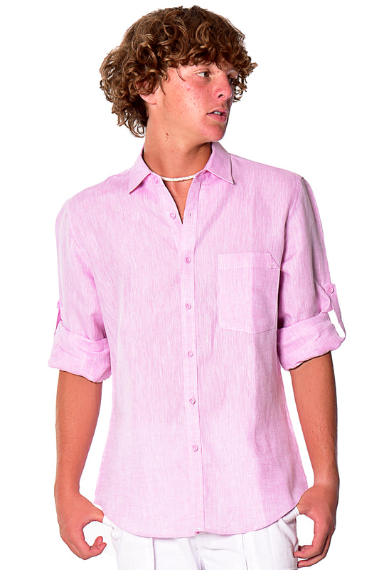 Men Linen Shirt Long Sleeve Plain (Pink) MLS1358