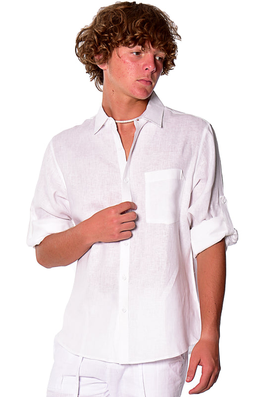 Men Linen Shirt Long Sleeve Plain (White) MLS1358