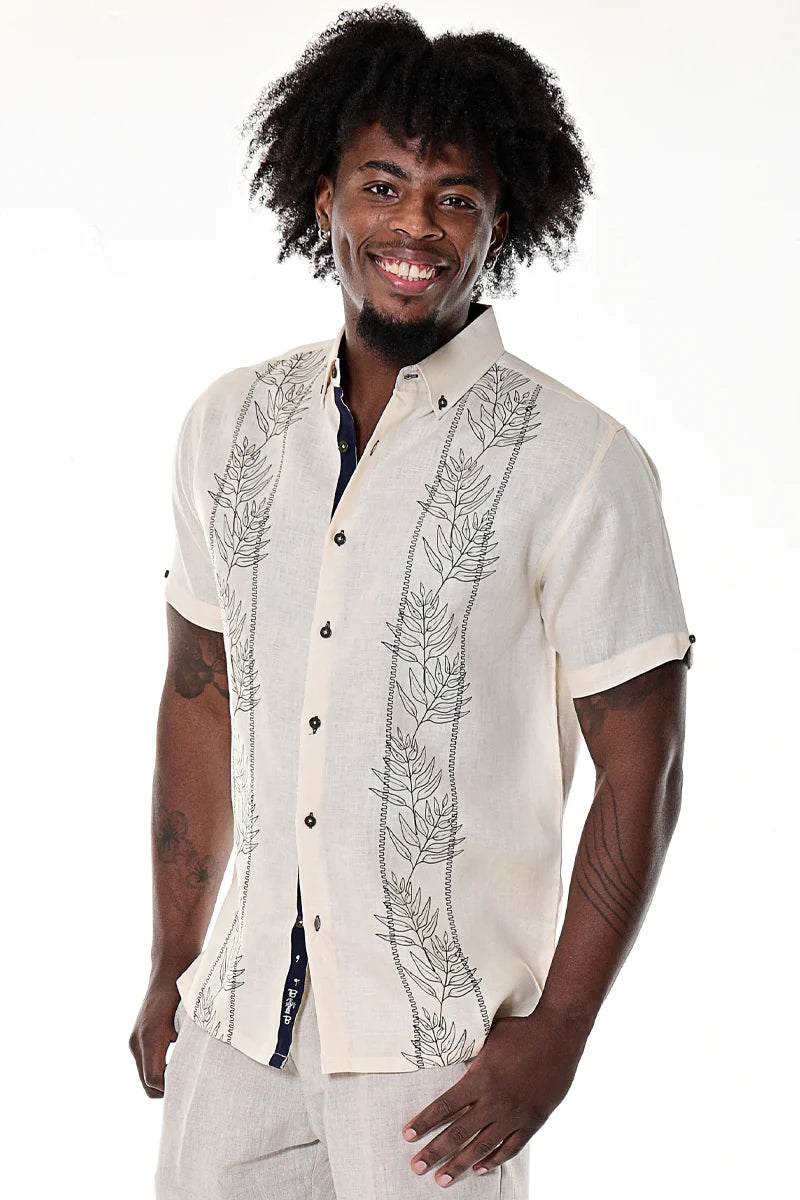 Men Printed Linen Shirt Short Sleeve (Ivory) MLS1744