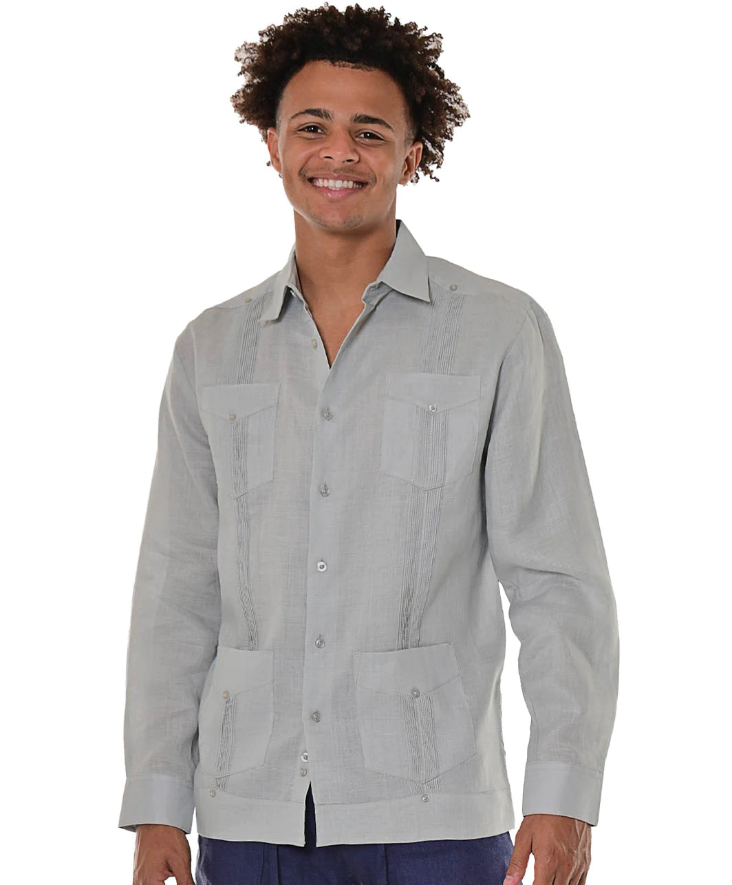 Men Linen Classic Guayabera Shirt Long Sleeve (Gray)