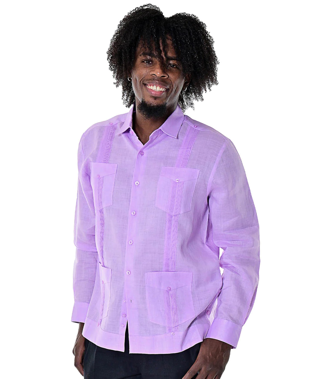 Men Linen Classic Guayabera Shirt Long Sleeve (Lavender)