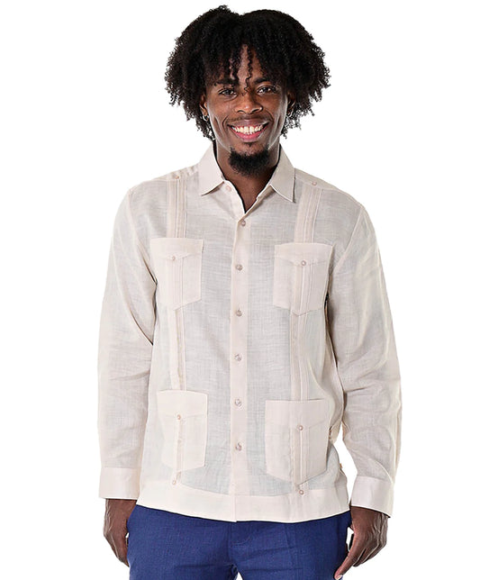 Men Linen Classic Guayabera Shirt Long Sleeve (Natural)