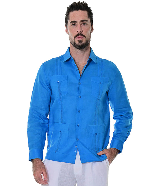 Men Linen Classic Guayabera Shirt Long Sleeve (Royal)