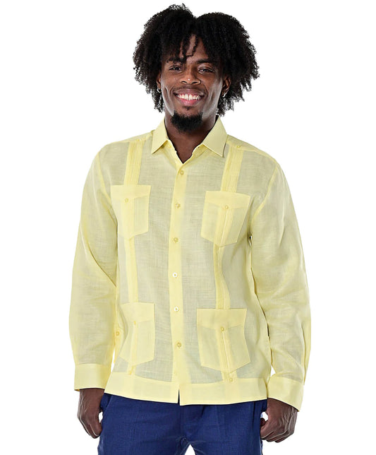 Men Linen Classic Guayabera Shirt Long Sleeve (Yellow)