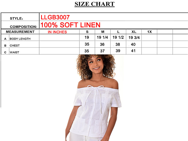 Ladies Linen Guayabera Off-the-Shoulder Short Sleeve Top in (5) Colors - LLGB3007