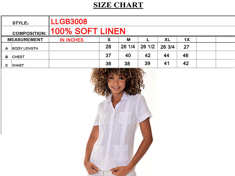 Ladies 100% Soft Linen Traditional (4) Pocket Short Sleeve Guayabera Blouse in (5) Colors - LLGB3008